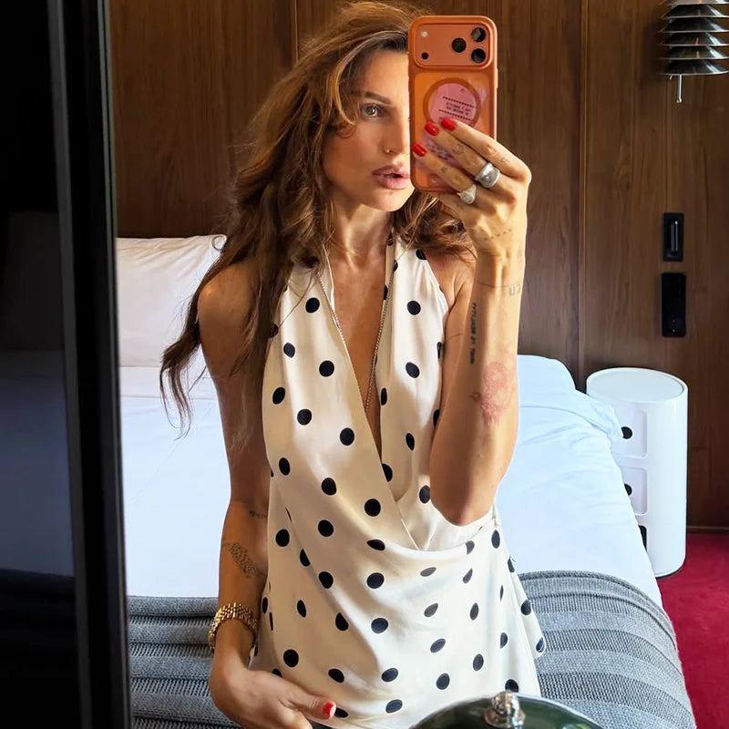 Ticketsx Fashion Satin Halter Top Summer Women's Polka Dot Backless Button Patchwork Top Elegant Vacation Street Female Clothing
