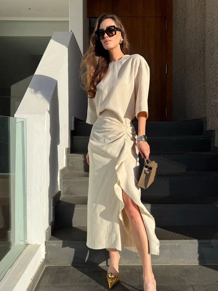 HH Women New Fashion Round Neck Pleated Short Sleeve Waist Dress Women Casual Sexy Side Zipper Button Solid Midi Summer Dress