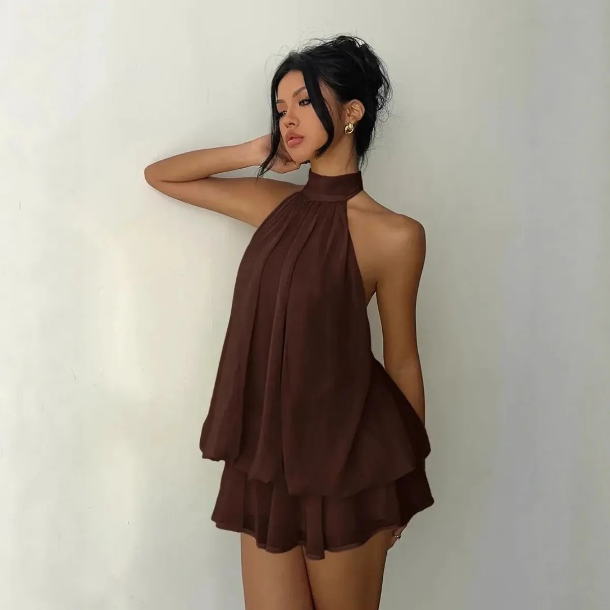 Women's Halter Neck Dress, Backless Tie-Front Chiffon Sheer Mini Skirt, Fashionable Sexy Y2K Vintage Cute Party Birthday Dress