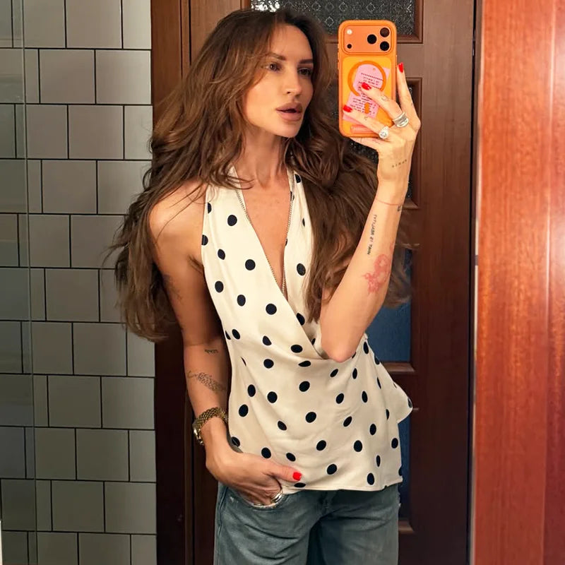 Ticketsx Fashion Satin Halter Top Summer Women's Polka Dot Backless Button Patchwork Top Elegant Vacation Street Female Clothing